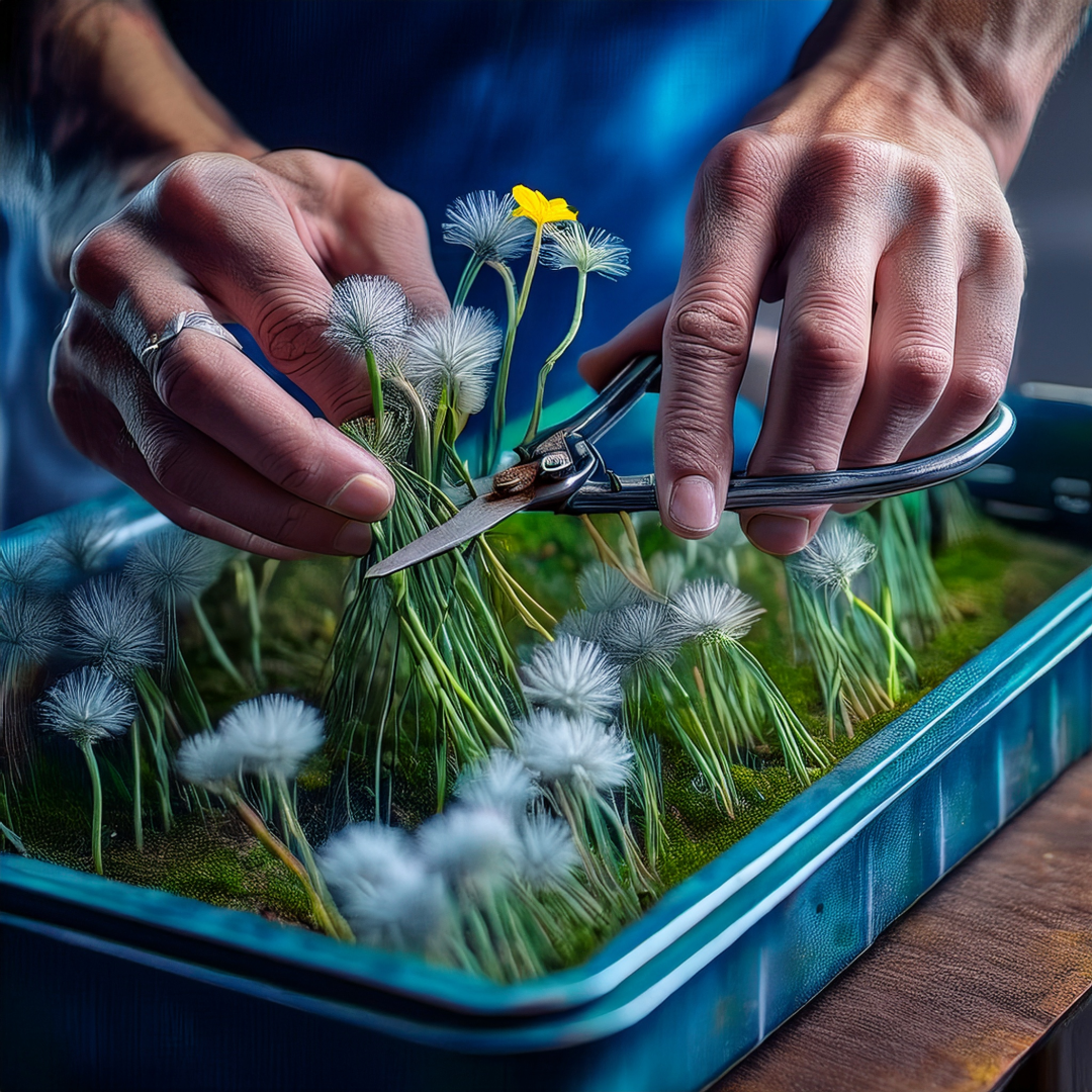 Curved trimming scissors and resin wipes on harvest table
