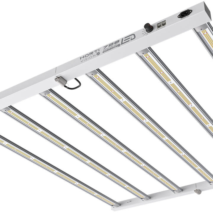 Horti-Vision 720W Specialist Split Line 3.0 LED grow light, six-bar fixture from below with manual dimmer and IEC inlet