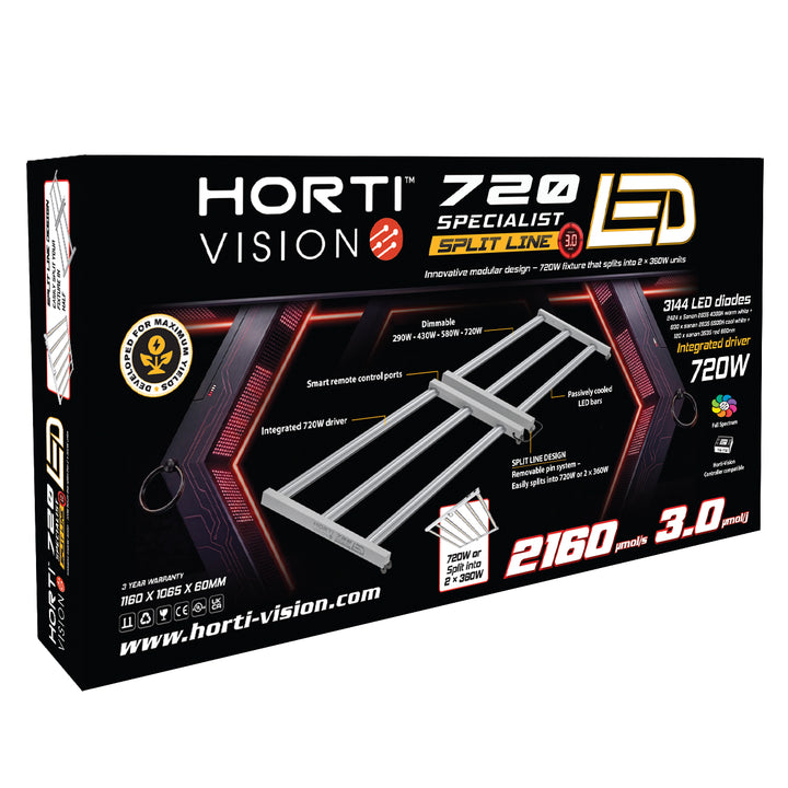 Horti-Vision 720W Split Line 3.0 LED box back: dimming steps, removable pin system, 1160 x 1065 x 60mm, 3-year warranty