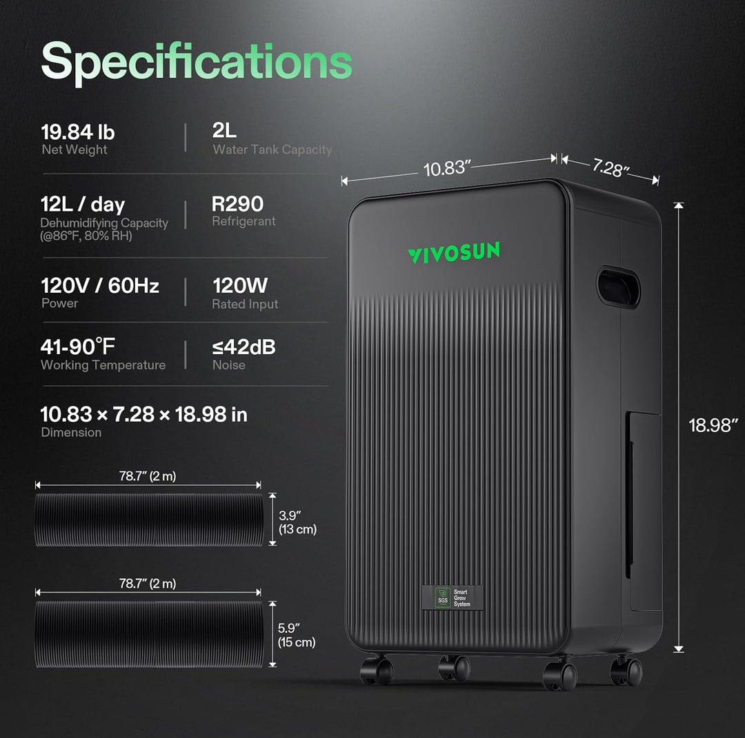 AeroDrain D12 smart dehumidifier by VIVOSUN - up to 12L/day moisture control