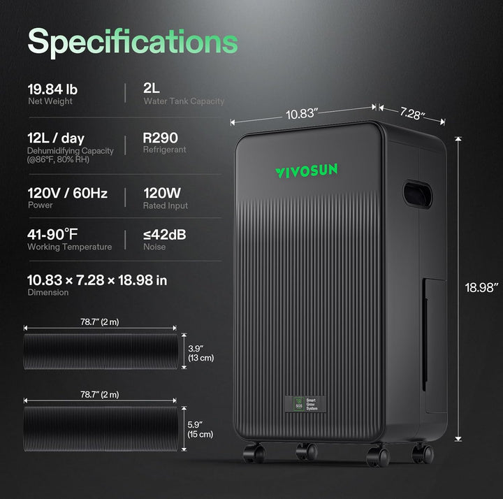 AeroDrain D12 smart dehumidifier by VIVOSUN - up to 12L/day moisture control