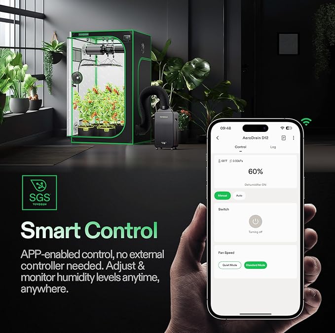 AeroDrain D12 smart dehumidifier by VIVOSUN - up to 12L/day moisture control