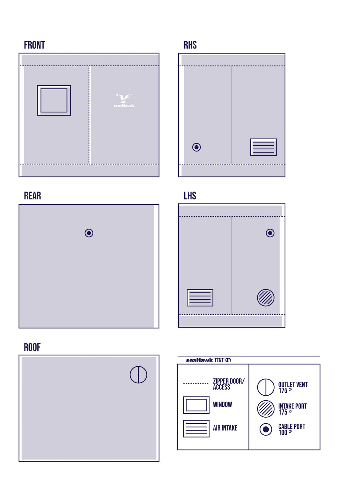 seaHawk clone tent dimension diagram showing 75 x 50 x 70cm size and duct port layout
