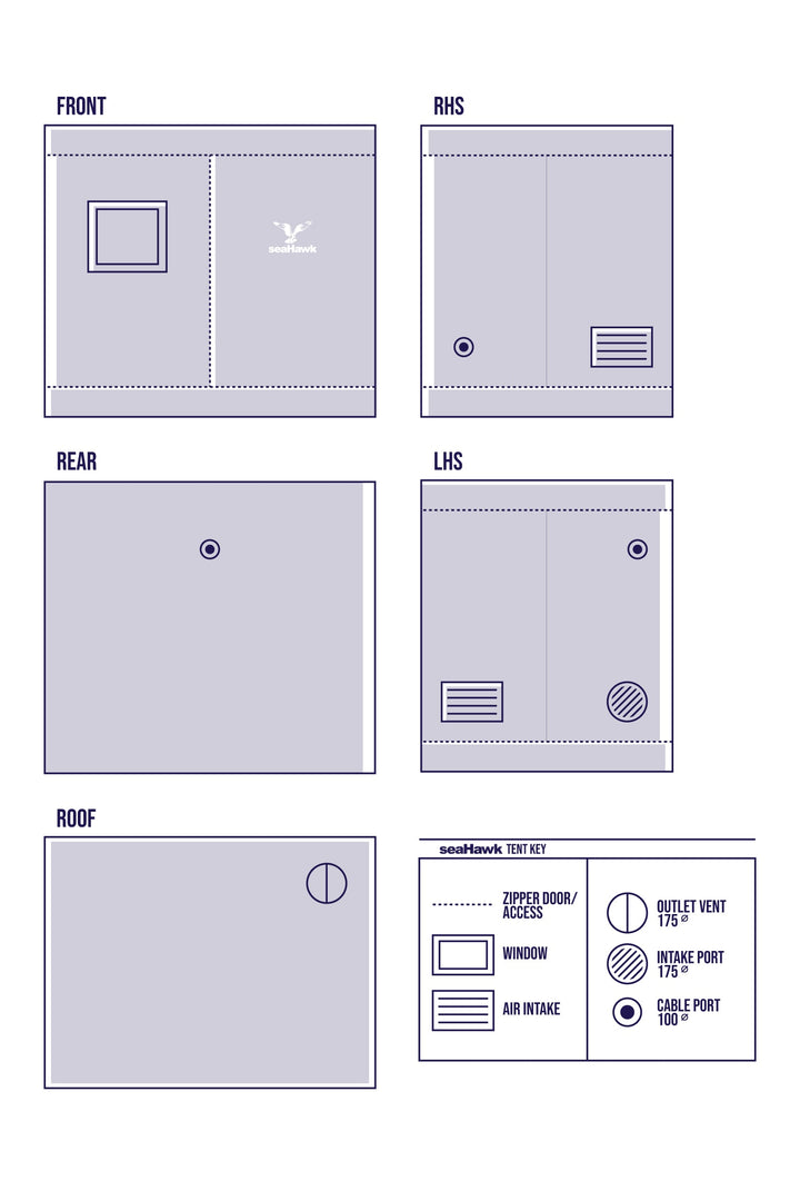 seaHawk clone tent dimension diagram showing 75 x 50 x 70cm size and duct port layout