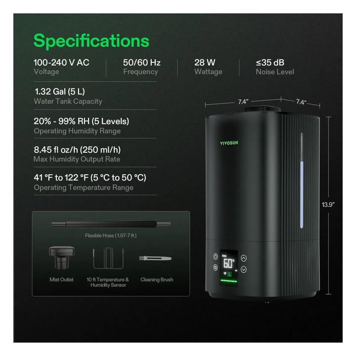 AeroStream H05 5L Smart Humidifier by Vivosun — Wi-Fi VPD Control with External Probe