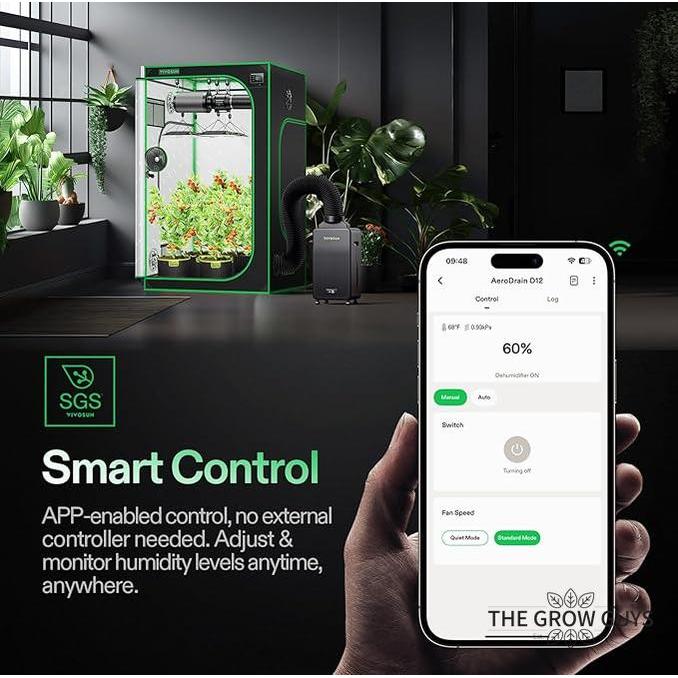 AeroDrain D12 smart dehumidifier by VIVOSUN - up to 12L/day moisture control