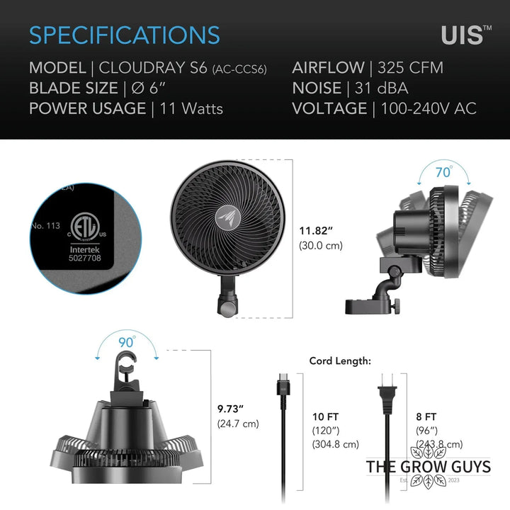 CLOUDRAY S Series Clip Fan by AC Infinity — 10-Speed EC Motor Fan with UIS App Control
