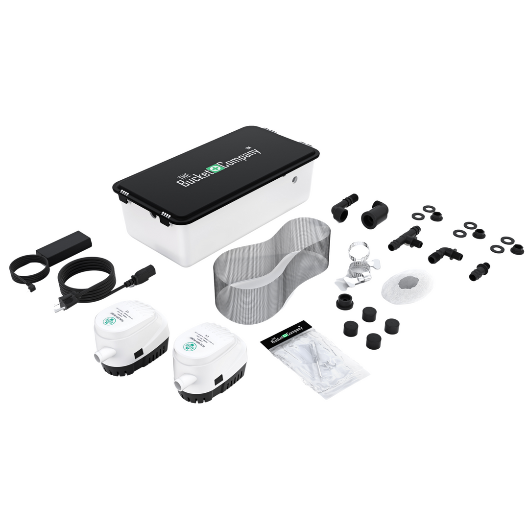 Run-Off Pump by The Bucket Company kit: 4L tub, two 1100 GPH pumps, filters, fittings and power supply