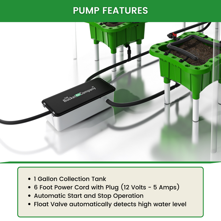Tub collecting drainage from raised planters, with pump features – Run-Off Pump by The Bucket Company