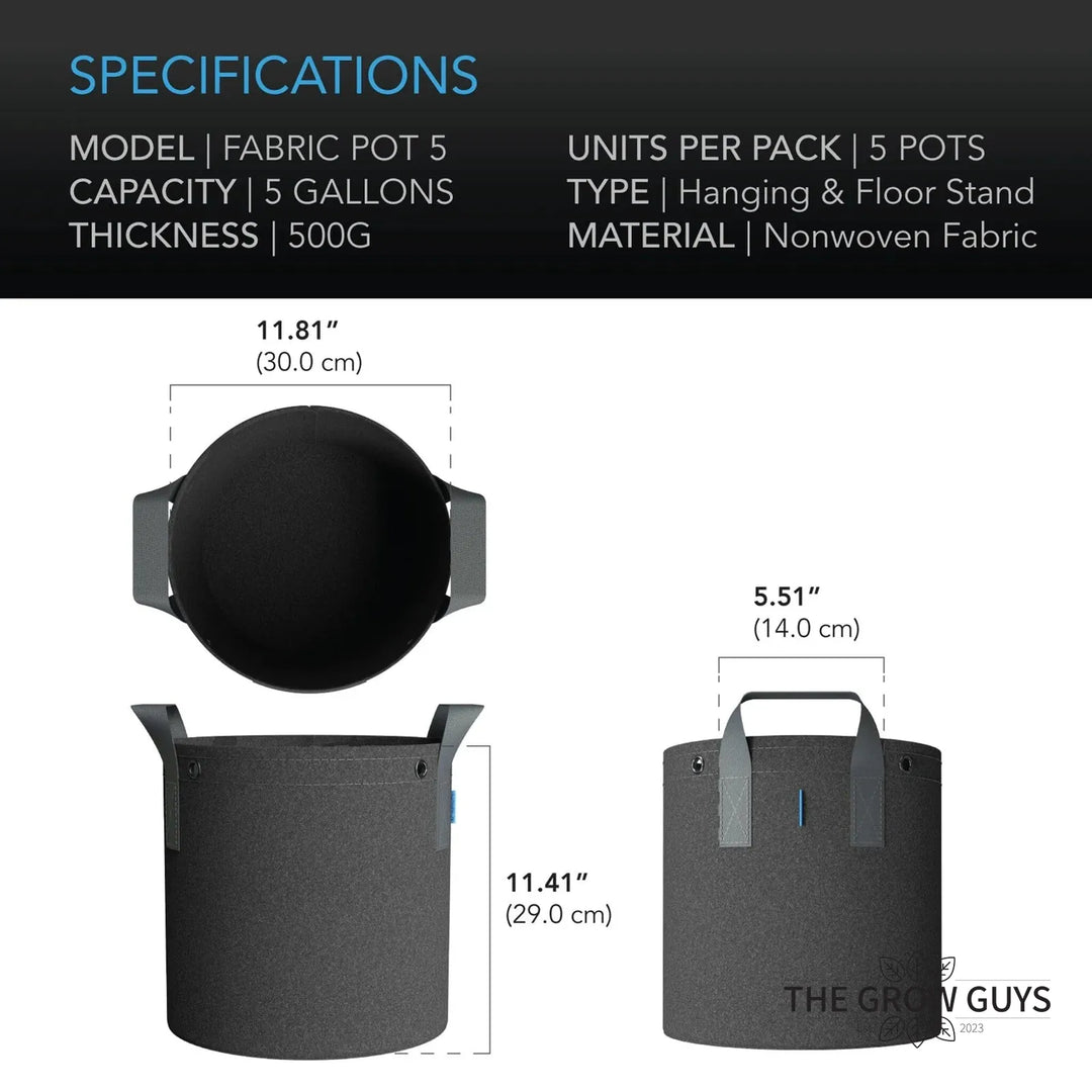 Heavy Duty Fabric Pots by AC Infinity — 500G 5-Pack with Steel LST Rings
