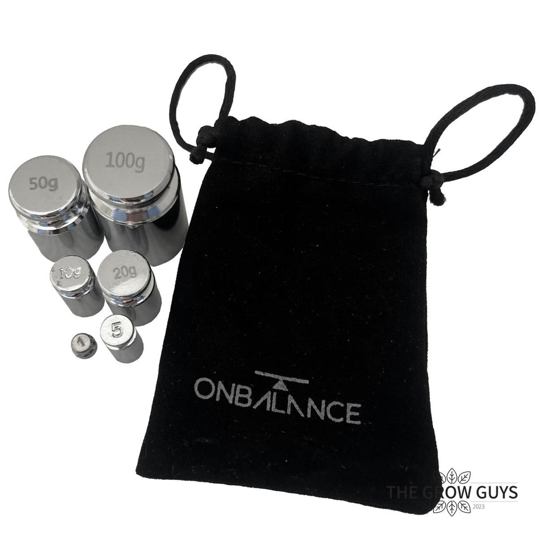 On Balance Calibration Weight Set — Stainless Steel 5-Piece (1g, 5g, 10g, 20g, 100g) with Carry Bag