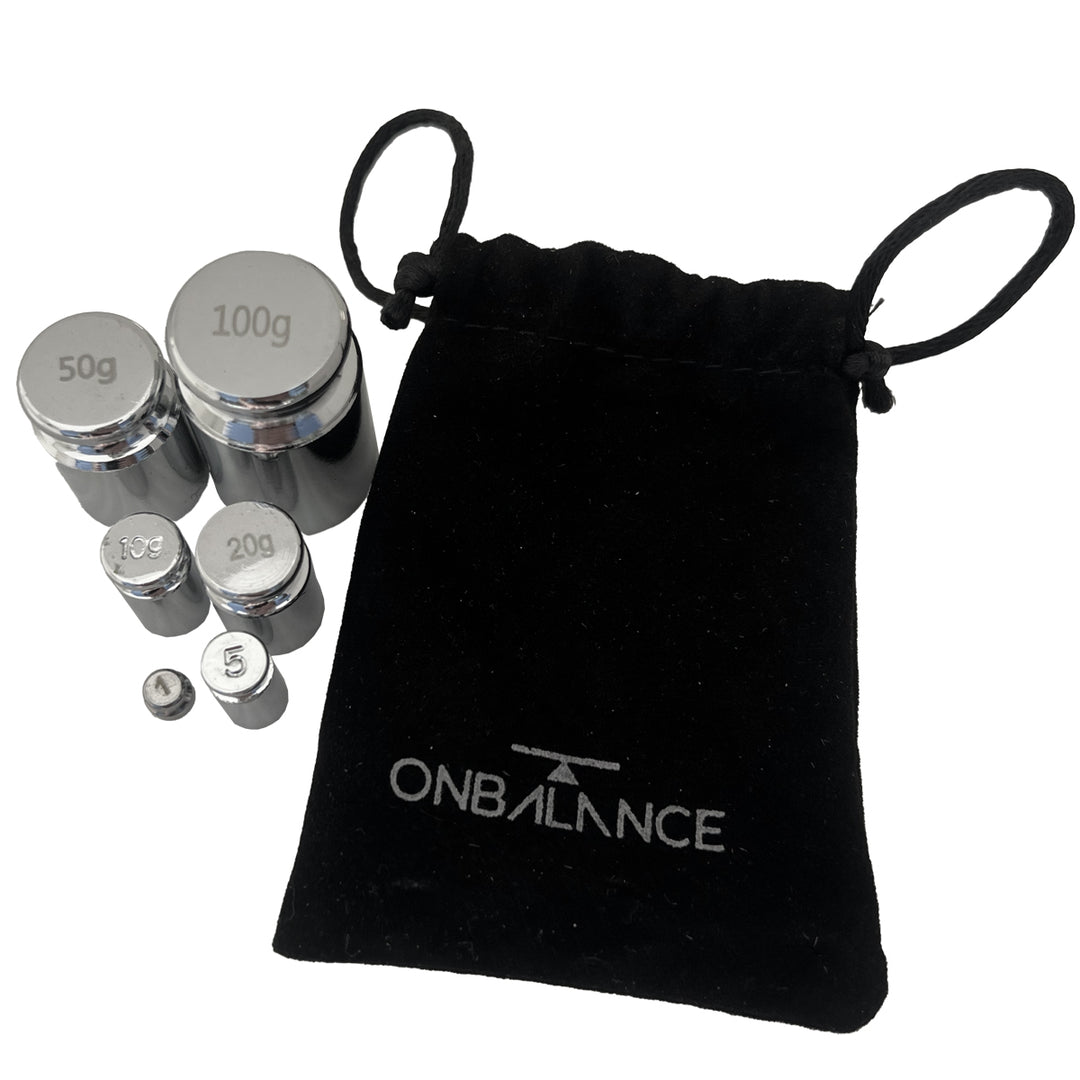 On Balance Calibration Weight Set — Stainless Steel 5-Piece (1g, 5g, 10g, 20g, 100g) with Carry Bag