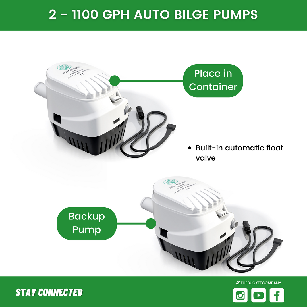 Two 1100 GPH auto bilge pumps, one working and one backup – Run-Off Pump by The Bucket Company