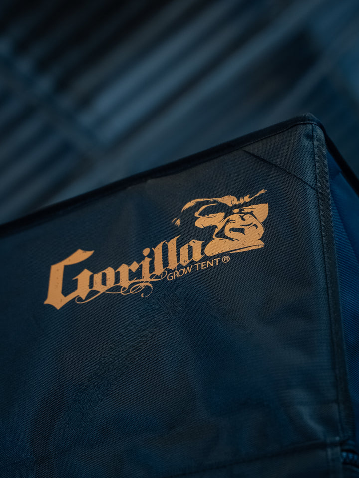Gorilla GS logo on a black grow tent with a blue gradient background