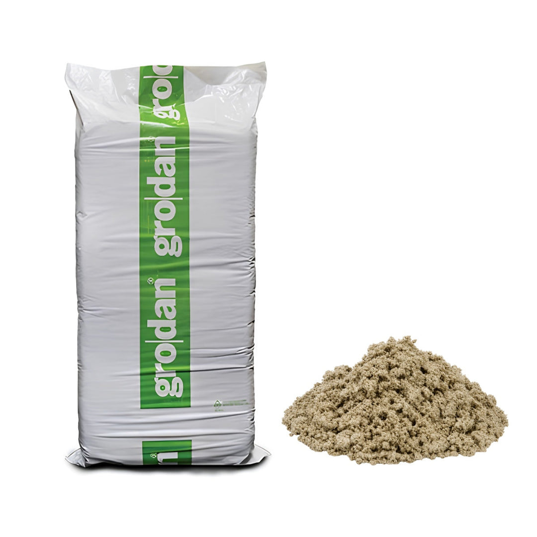 Grodan Rockwool Granulate Fine 25kg bag with a pile of loose stone wool granulate