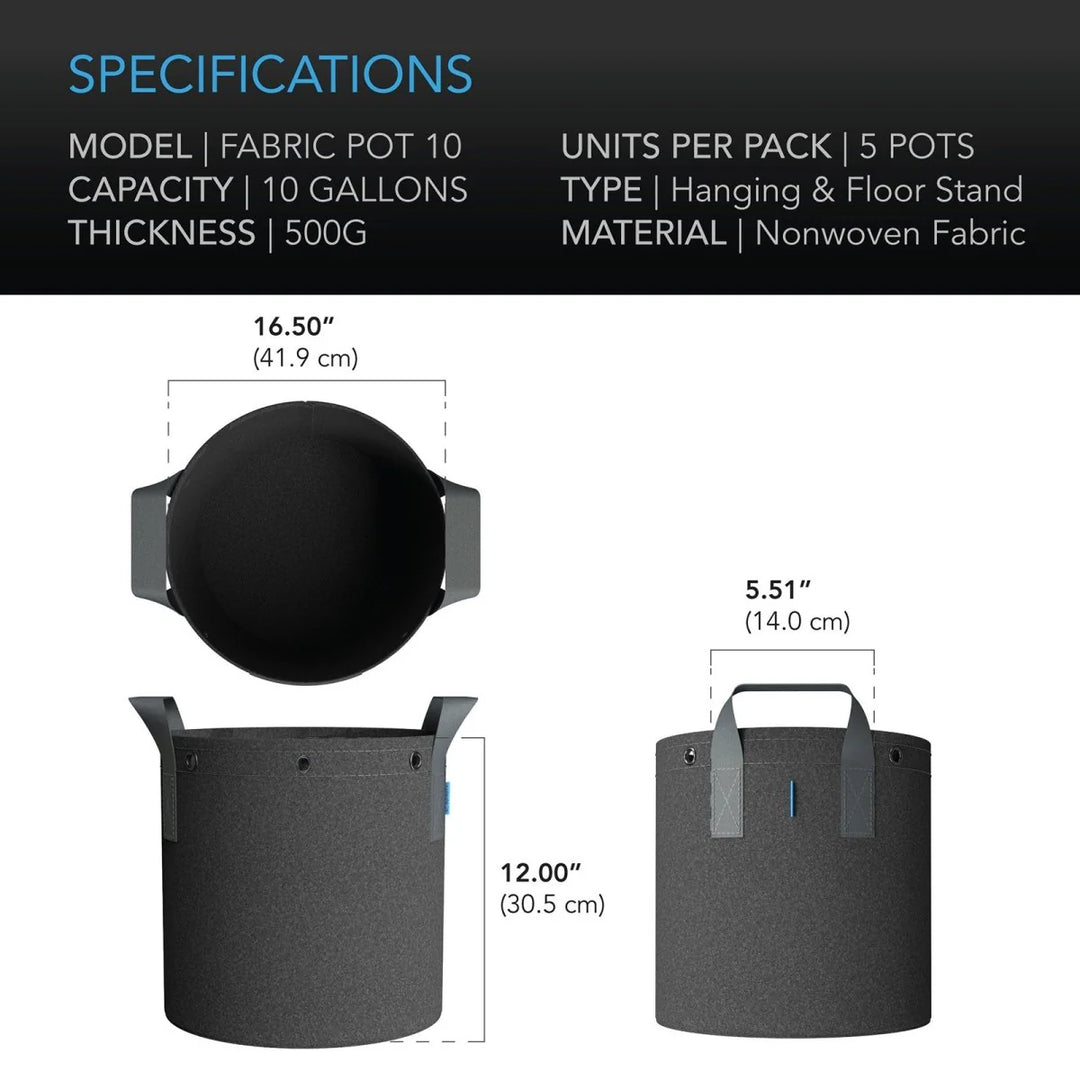 Heavy Duty Fabric Pots by AC Infinity — 500G 5-Pack with Steel LST Rings