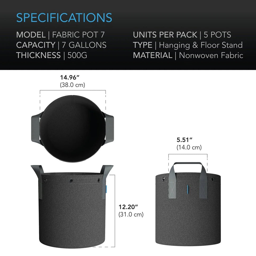Heavy Duty Fabric Pots by AC Infinity — 500G 5-Pack with Steel LST Rings