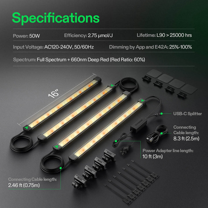 VIVOSUN LumaRay Side Lights 4-Bar specification sheet with box contents and cable lengths