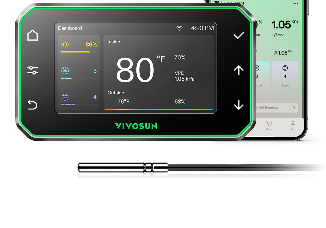 VIVOSUN GrowHub E42A+ controller with 4.3 inch colour screen, temperature humidity probe and VIVOSUN app