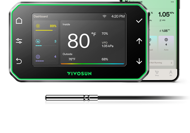 VIVOSUN GrowHub E42A+ controller with 4.3 inch colour screen, temperature humidity probe and VIVOSUN app