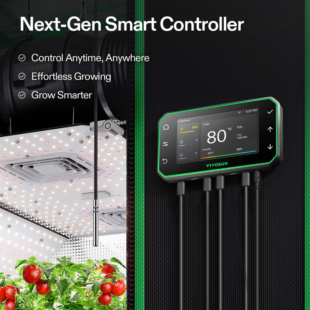 VIVOSUN GrowHub E42A+ controller with probe and cables mounted on a grow tent beside an LED light