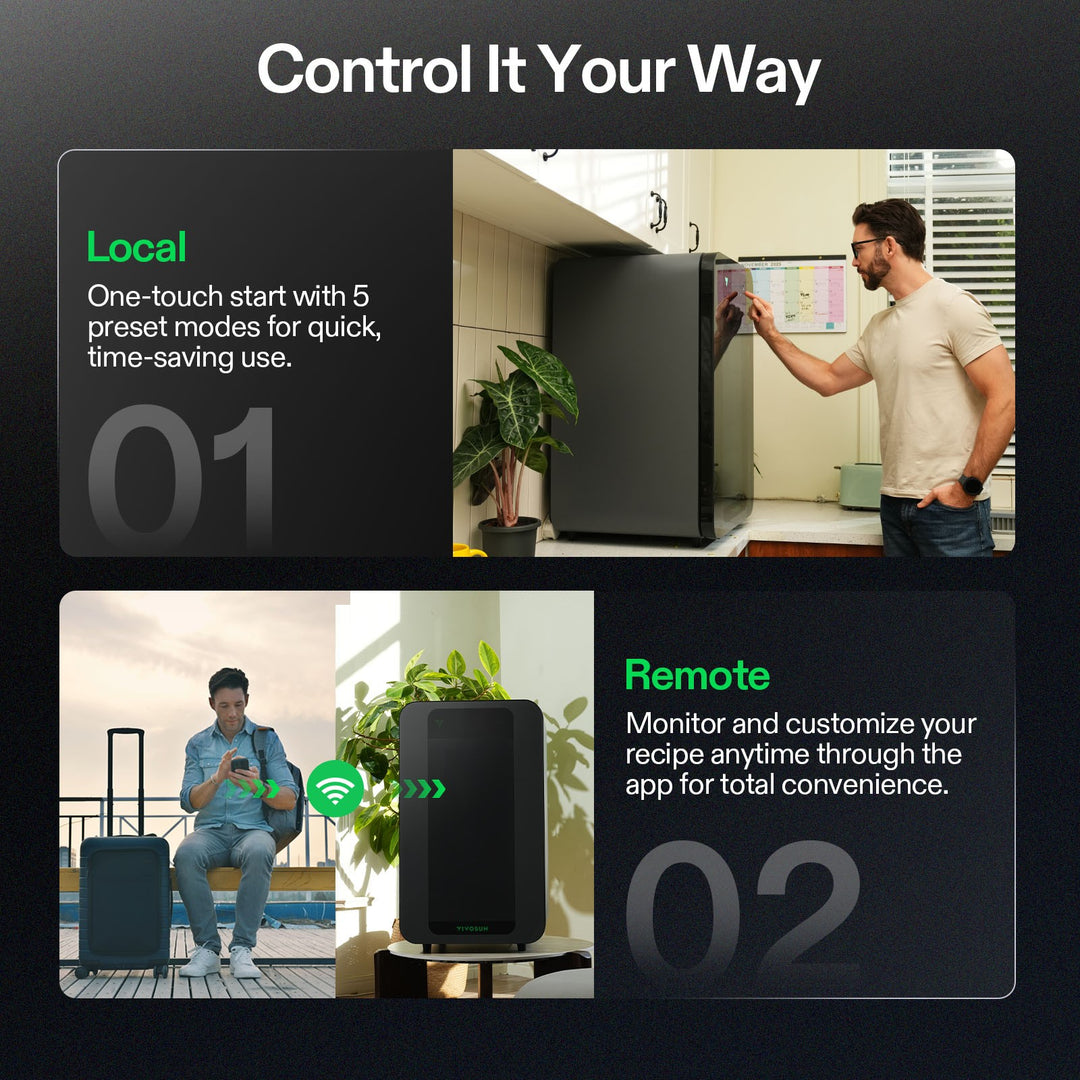 VCure controlled locally with five preset modes on the touchscreen or remotely through the VIVOSUN app