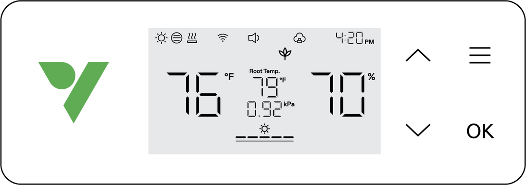 VSeed S40 LCD panel showing dome temperature, humidity, root temperature and VPD