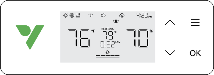 VSeed S40 LCD panel showing dome temperature, humidity, root temperature and VPD