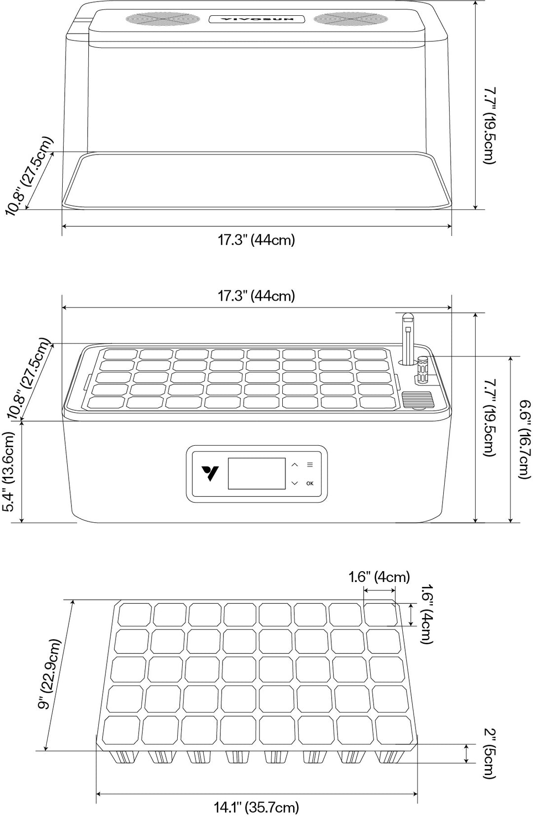VIVOSUN VSeed S40 dimensions: 44 x 27.5 cm footprint and 40-cell tray with 4 x 4 cm cells