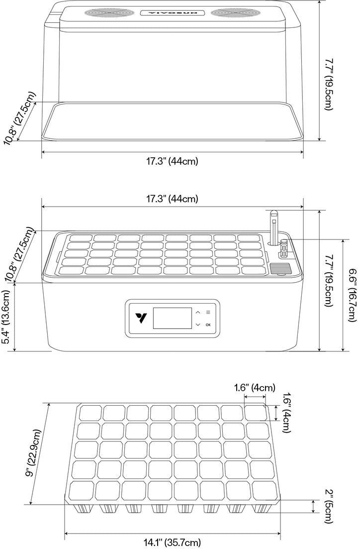 VIVOSUN VSeed S40 dimensions: 44 x 27.5 cm footprint and 40-cell tray with 4 x 4 cm cells