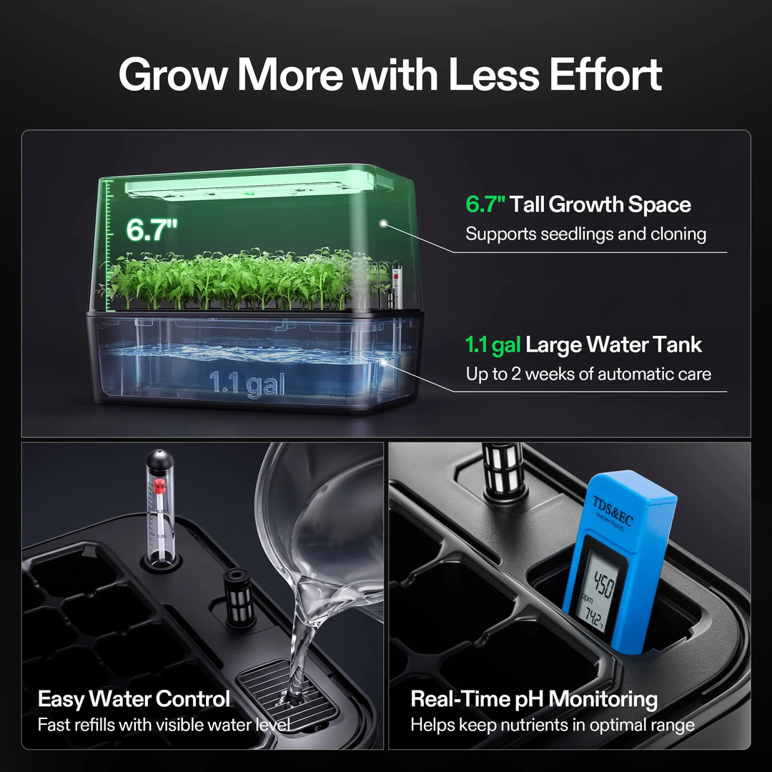 VSeed S40 17 cm grow space, 4 L water tank, water level indicator and pH/EC test port