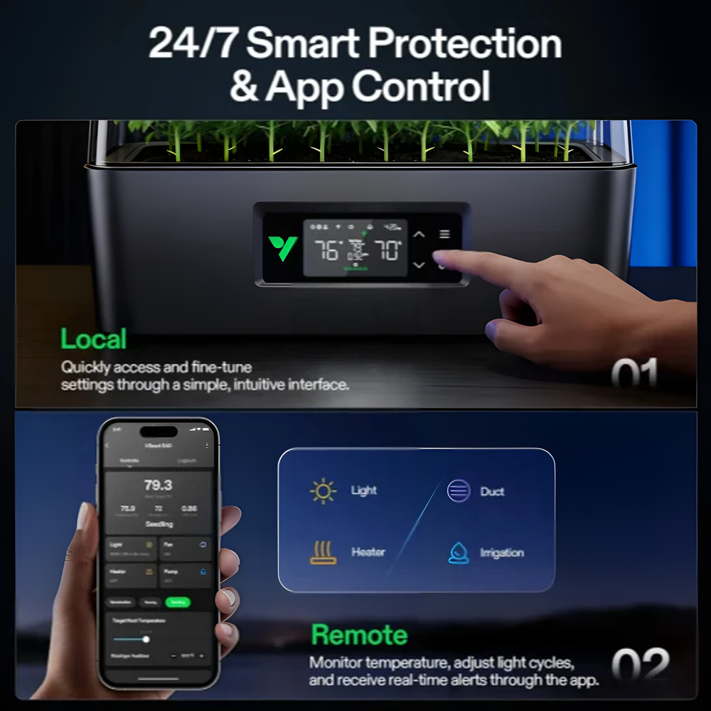 VSeed S40 onboard controls and VIVOSUN app for remote monitoring and alerts