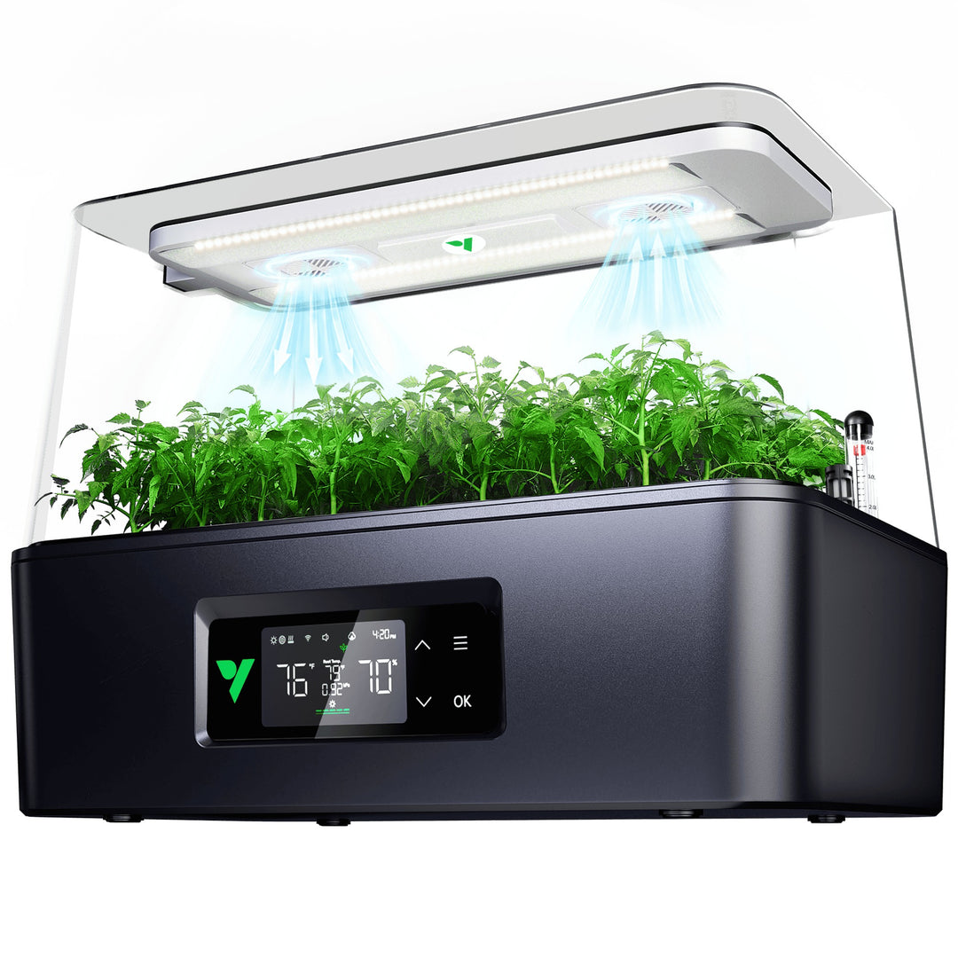 VIVOSUN VSeed S40 smart seedling box with clear dome, LED hood and seedlings in the 40-cell tray