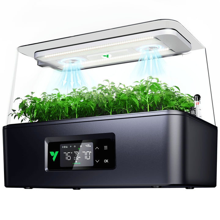 VIVOSUN VSeed S40 smart seedling box with clear dome, LED hood and seedlings in the 40-cell tray