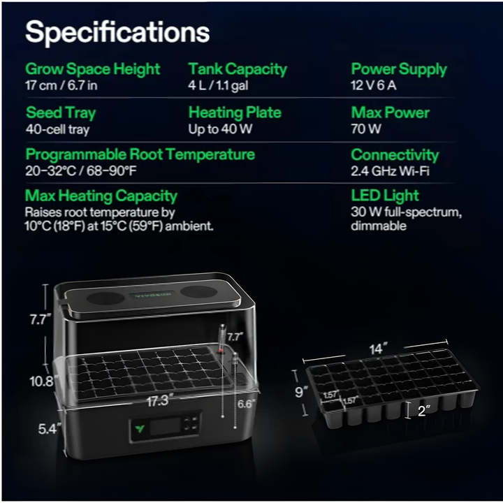 VIVOSUN VSeed S40 specification sheet with dimensions and 40-cell tray measurements